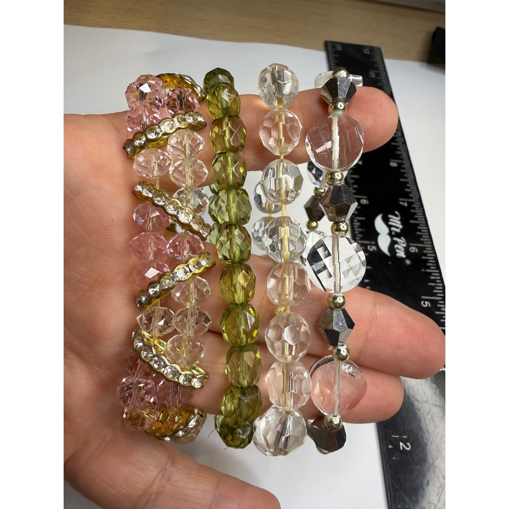 Set of 4 Beaded Stretch Bracelets Pink Green Clear Rhinestone Stacking Jewelry